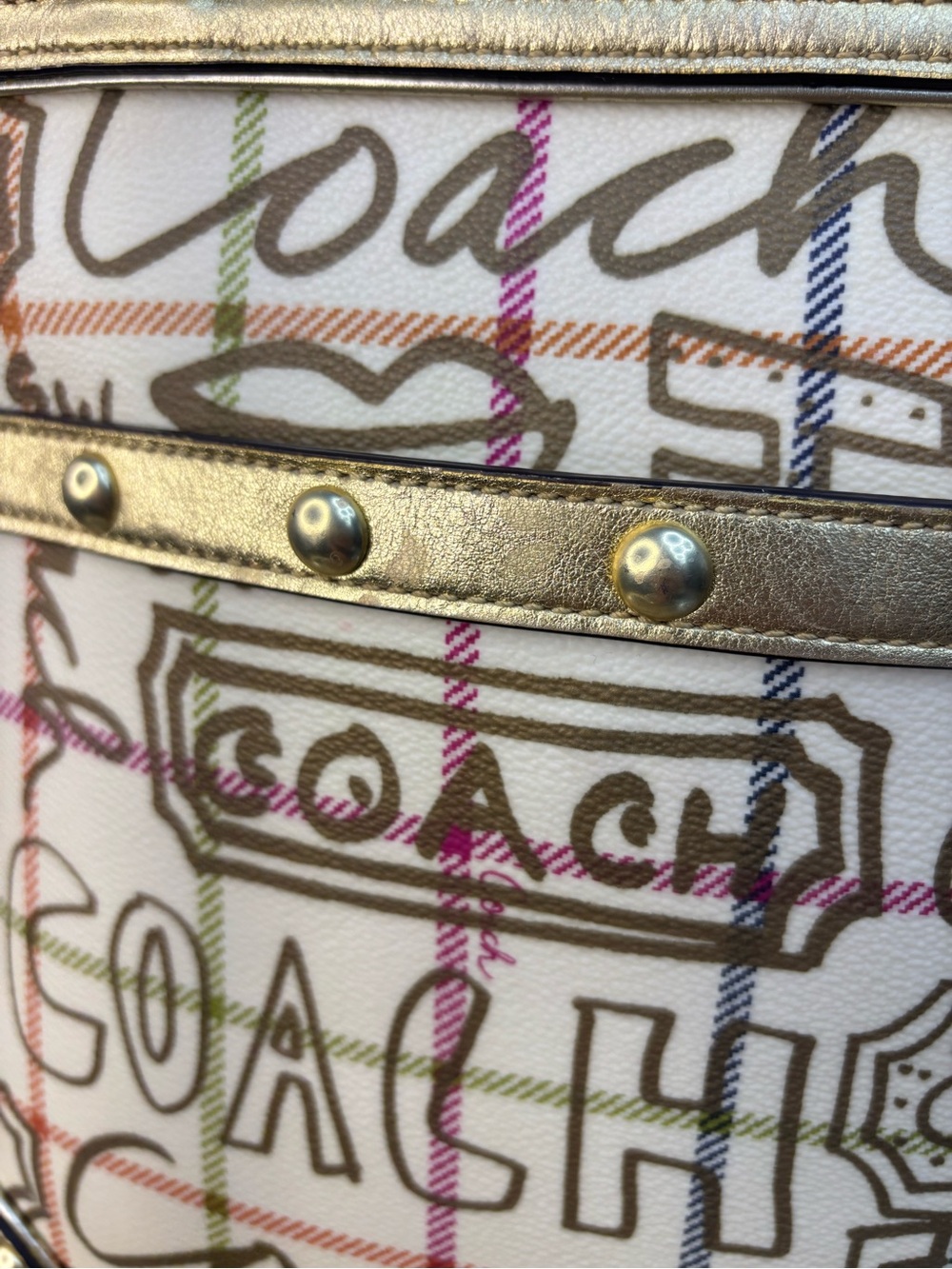 Coach 2009 Heritage Tattersall Graffiti Gold Tote W/ matching cosmetic pouch EUC - Picture 6 of 16